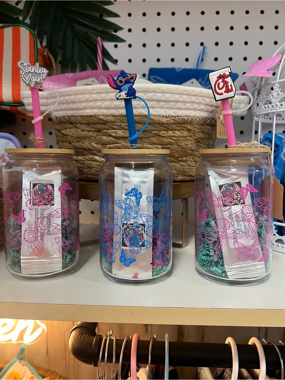 Dolly Parton Butterfly Print Glass Jar Tumbler with Lid and Straw - Pink & Blue